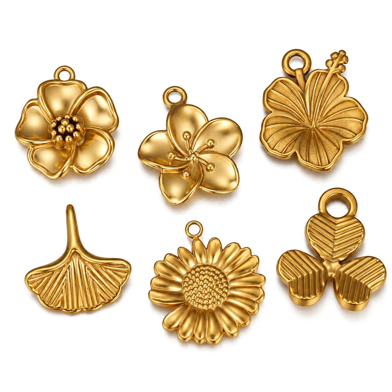 3Pcs Stainless Steel Hawaiian Flowers Charms Clover/Cherry Blossom/Ginkgo/Hibiscus Pendants DIY Necklace Bracelet Jewelry Making