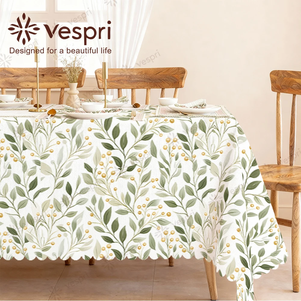 Vespri Spring Tablecloth Floral Easter Design with White Green Leaves Yellow Berries Round Rectangle Oval