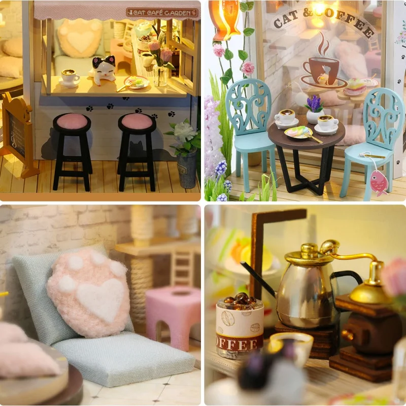 OUZEY Cozy Cat Cafe Puppenhaus DIY, 3D-Holzminiatur mit LED-Leuchten, Geburtstagsgeschenk für Teenager-Mädchen