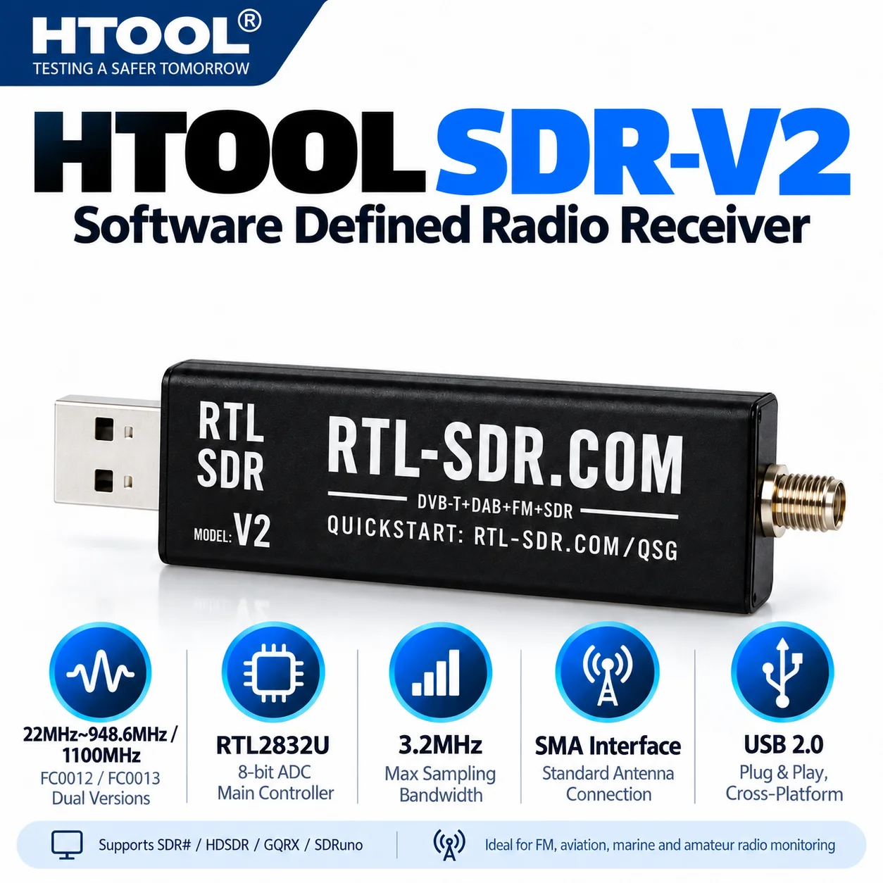 HTOOL SDR-V2 22-1100MHz Software Defined Radio Receiver RTL2832U FC0012/FC0013 USB 2.0 SMA SDR Scanner