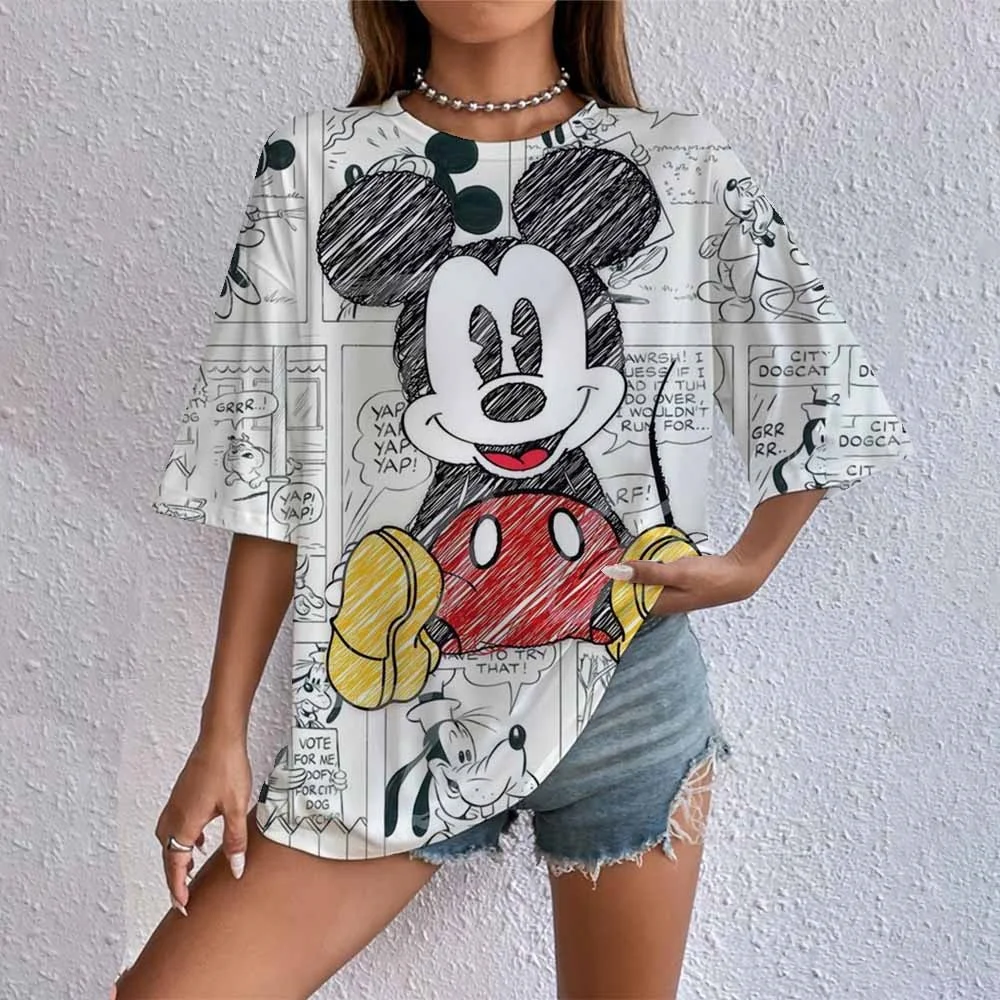 جديد ديزني سلسلة ميكي وميني موضوع تي شيرت قميص الحلو كول الشارع الصيف تي شيرت المتضخم النساء الكبار والأطفال