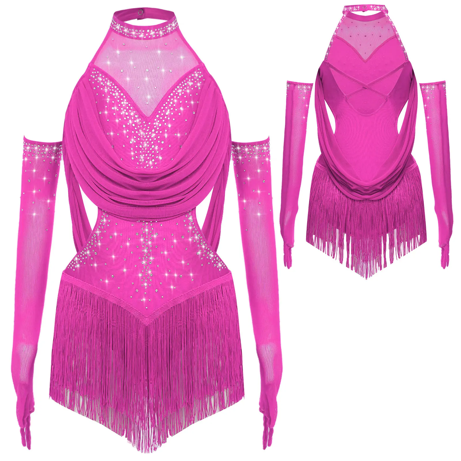 

Girls Jazz Latin Rumba Samba Bodysuits with 1 Pair Mesh Gloves Lyrical Dance Leotard for Figure Skating Stage Performance Outfit