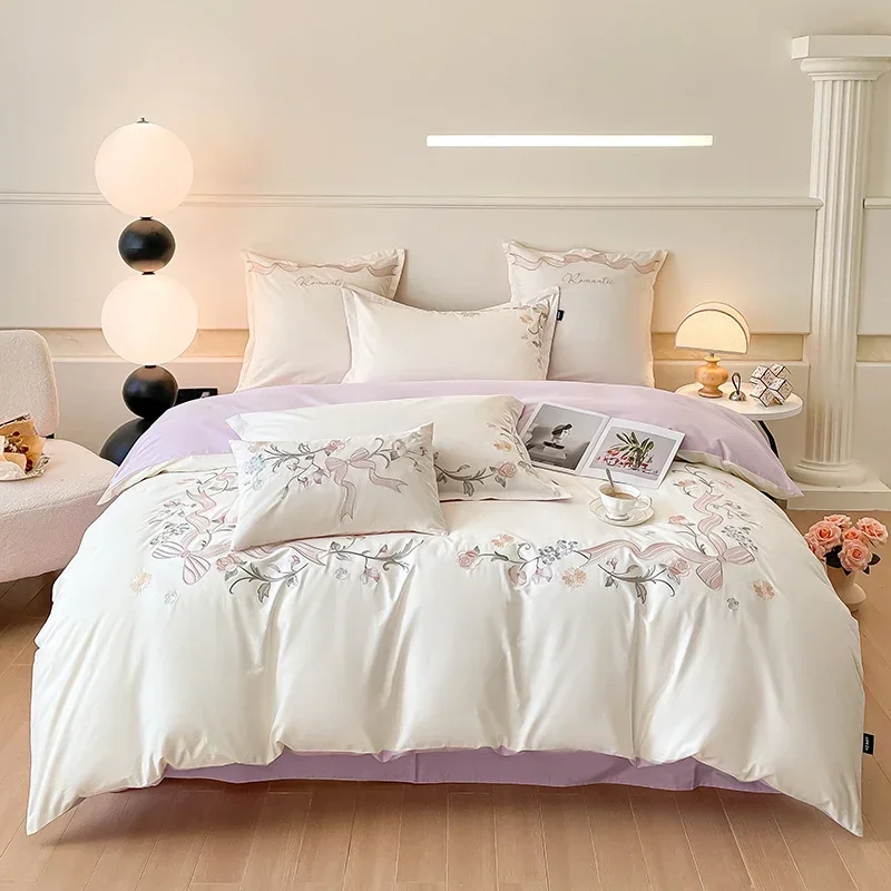 4 pieces Luxury cotton bed linen Embroidered comforter bedding set couple duvet Quilt cover set double sheets set Pillow case