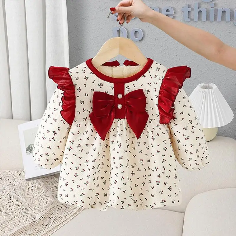 2024 Winter New Girls Dress Floral Children Long Sleevees Princess Dresses Round Neck Fashion Kids Clothing Holiday Casual Frock