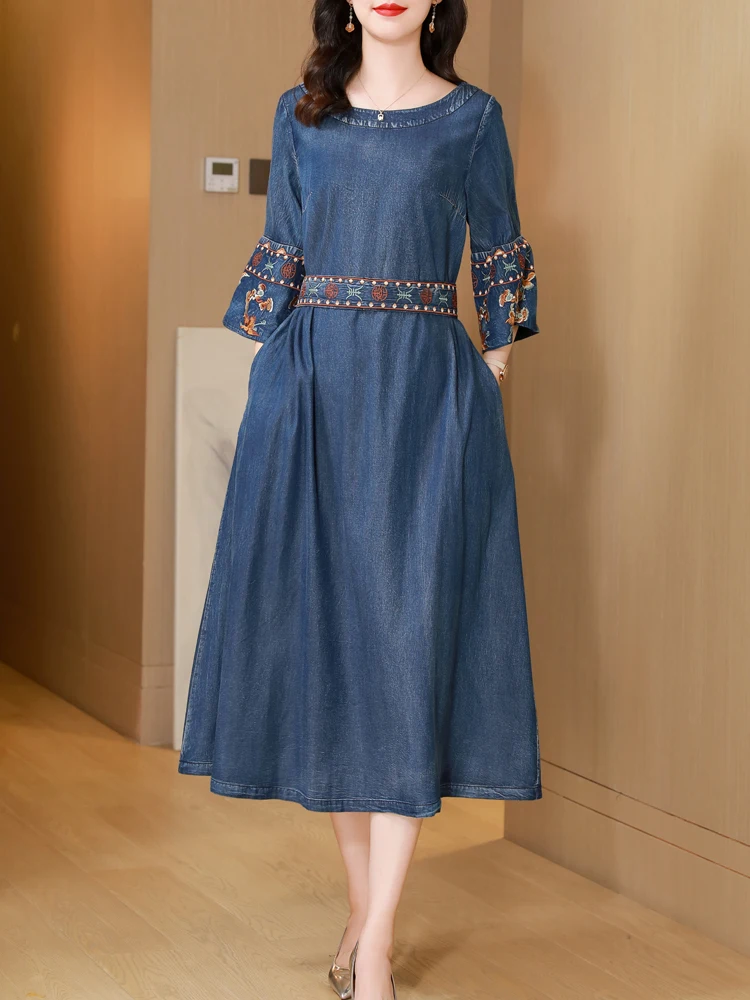 

TIYIHAILEY 2024 Belt New Free Shipping Vintage Women Long Mid-Calf Half Sleeve Autumn Denim M-XL Chinese Style Embroidery Dress