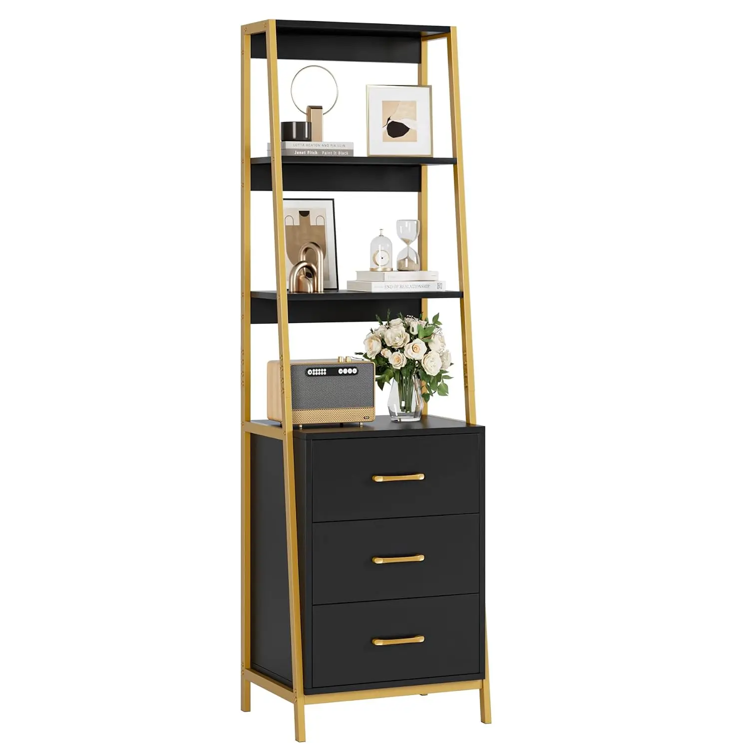 Black Gold 4-Tier Bookshelf with 3 Wooden Drawers, Modern Ladder Storage Organizer for Living Room Entryway Office, Customized