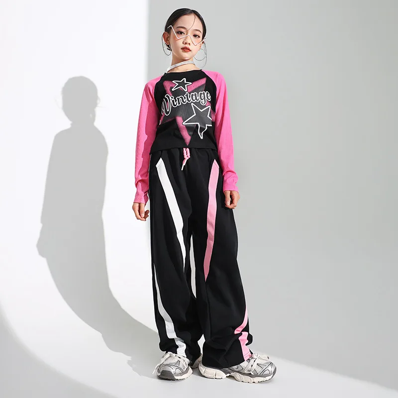 Costume de danse jazz pour enfants, t-shirts à manches longues pour filles, pantalons baggy, vêtements de performance Hip Hop, tenue de scène, streetwear interdit, nouveau