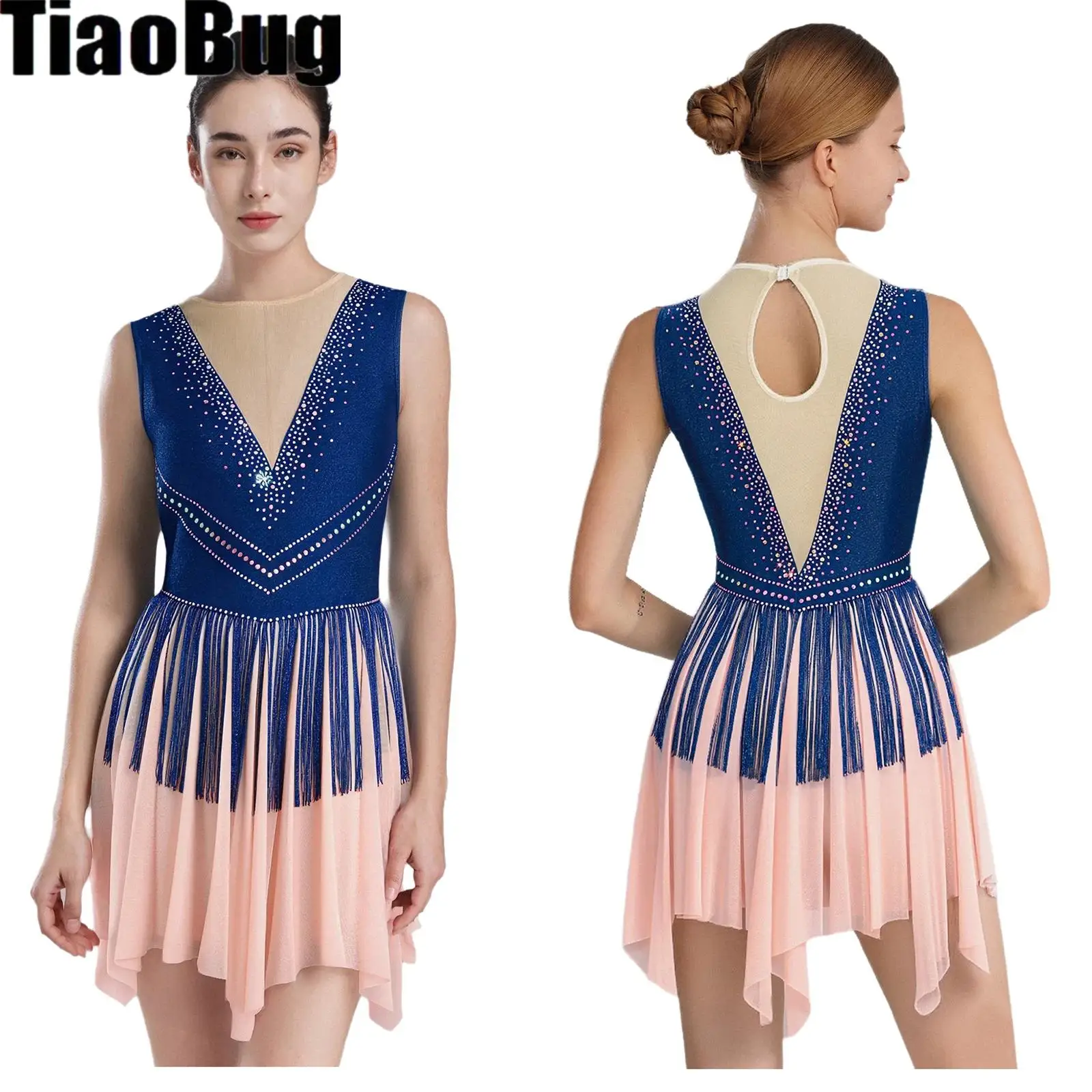 

Women Figure Skating Dress Rhinestones Tassel Ballet Gymnastics Leotard Dress Sleeveless Mesh Latin Rhythmic Performance Dancing