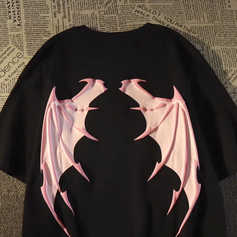 Hip Hop Dark Gothic Demon Bat Wings Graphic T Shirts Short Sleeve O-neck Tops Streetwear Fashion Oversized Cartoon Tees Harajuku