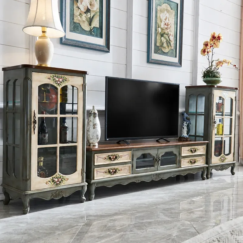 Solid Wood TV Stand Coffee Table Retro Living Room Furniture Small Apartment Media Console Floor Cabinet Mediterranean Style