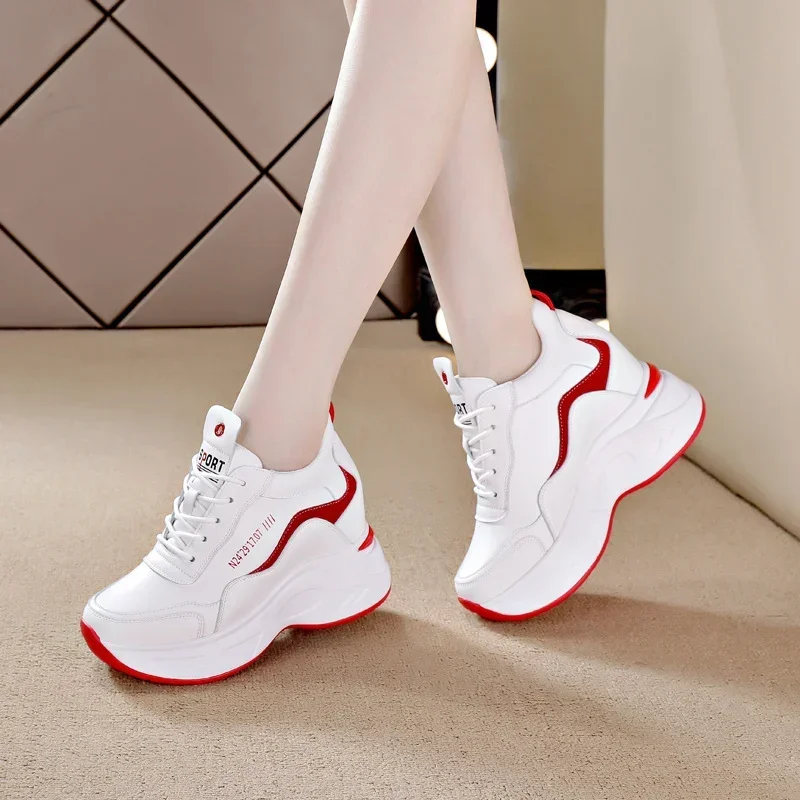 Comemore-zapatos de tacón alto con cuña para mujer, zapatillas deportivas con plataforma de cuero, color blanco, transpirables, color rojo, para primavera