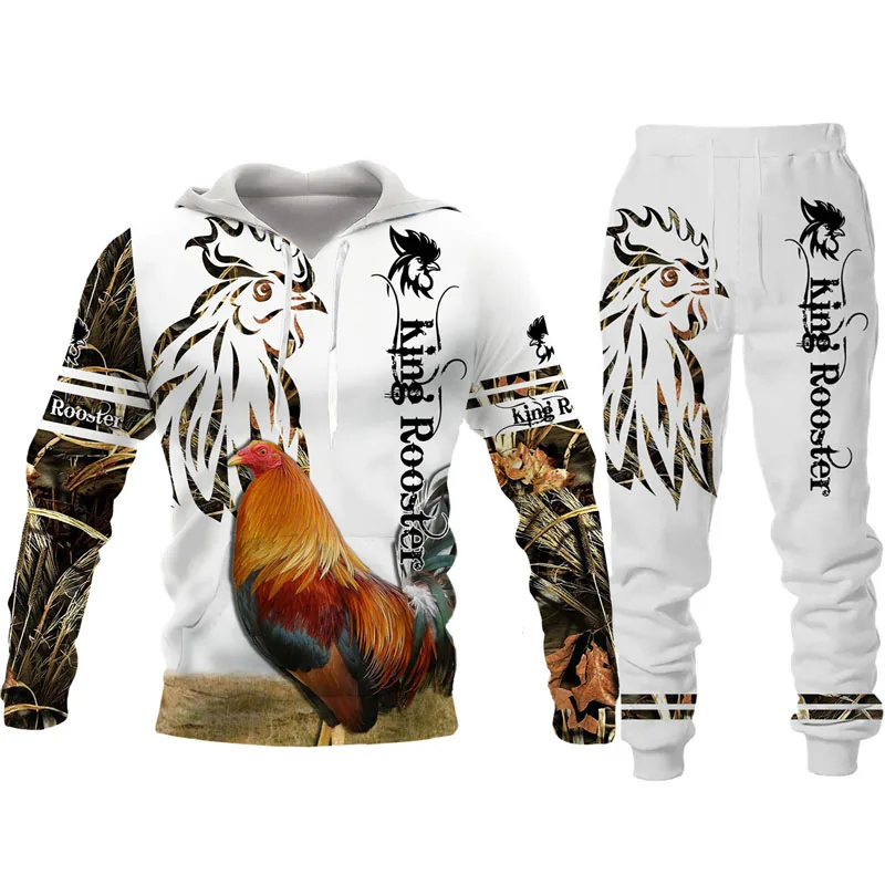 Rooster Hunting Camo Tracksuit Set Harajuku Man Woman Hoodie+Pants Two Piece Set Cock Animal 3D Print Oversized Casual Pullover
