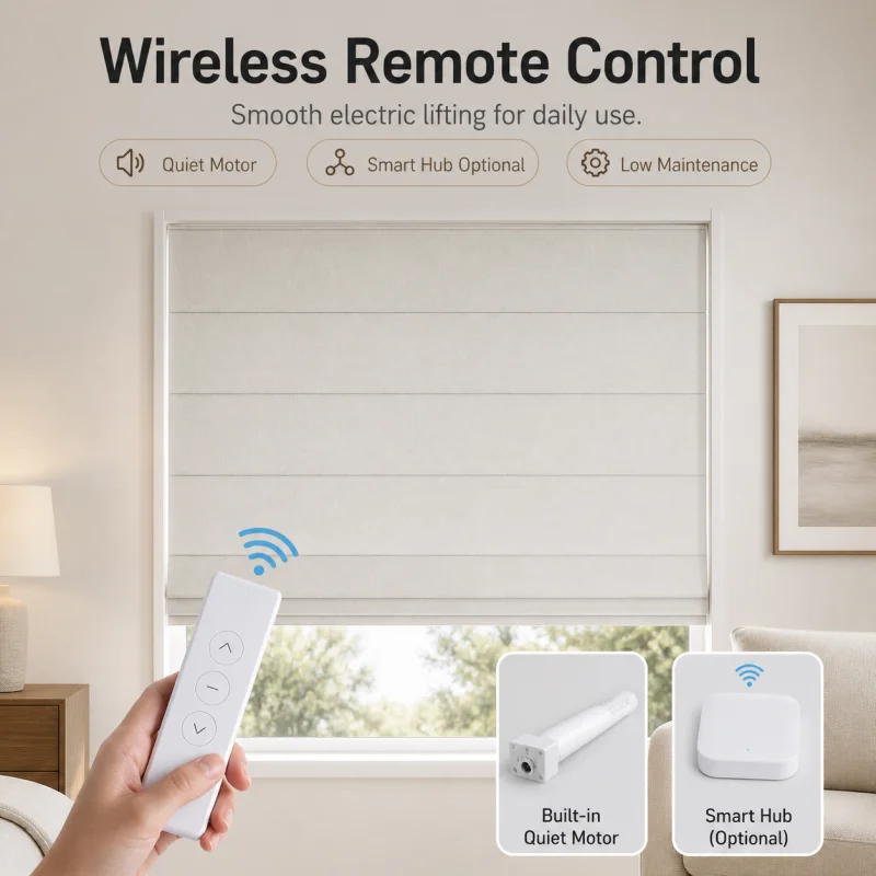 Factory Wholesale Custom Window Soft Texture Wireless Google Alexa Phone Remote Control Motorized Roman Shades For Home Decor