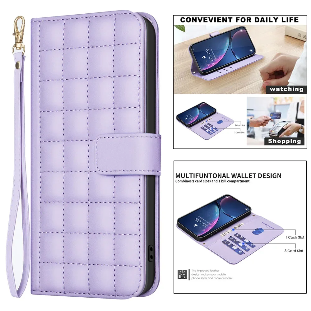 Wallet Leather Case For Moto Edge 50 Pro 40 Neo E14 E13 G04 G13 G14 G23 G24 G34 G53 G54 G73 G84 Checkered Phone Cover Strap