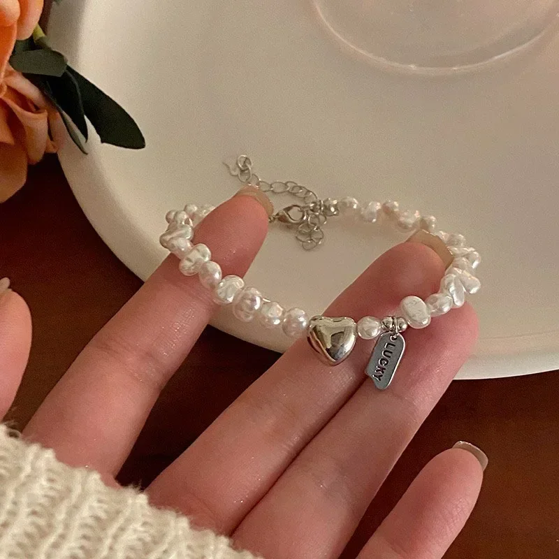 Vintage 925 Sterling Silver Pearls Bead Bracelet For Women Fashion Korean Heart Shape Bracelet Luxury Party Wedding Jewelry Gift