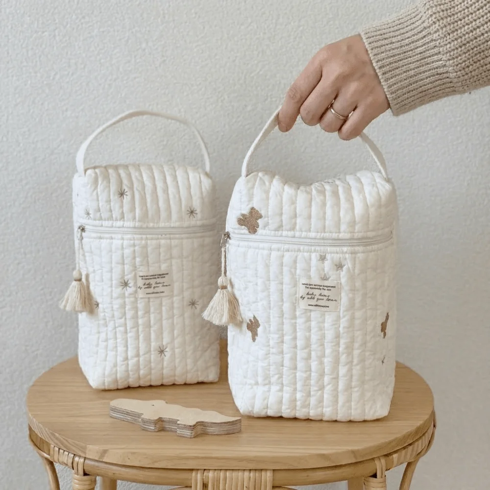 New Quilted Portable Stroller Nappy Bag Versatile Beige Embroidery Mommy Bag Large Capacity Cotton Diaper Organizer Newborn