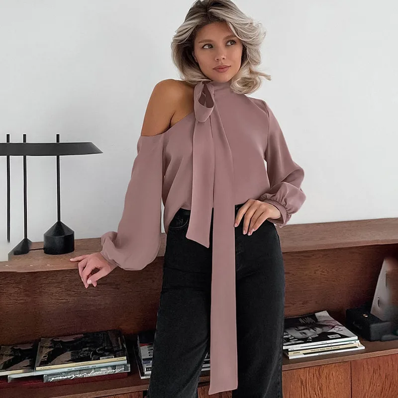 One Shoulder Women Blouse Pink Irregular Long Sleeve Shirts Loose Female Elegant 2024 Summer Fashion Ladies Tops Casual