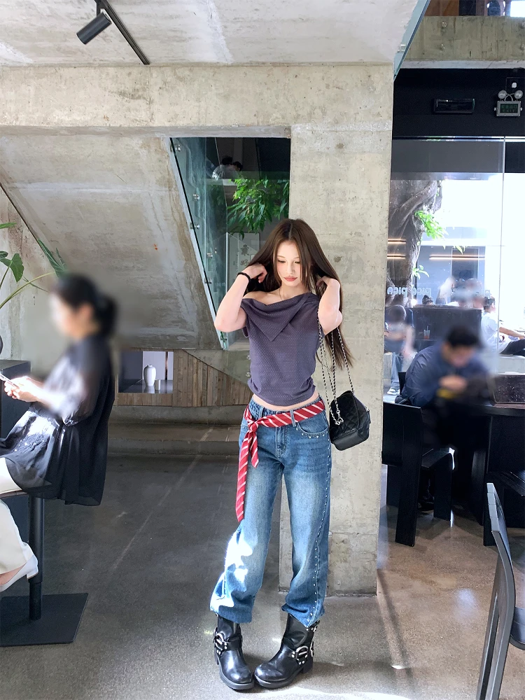 

Deep Blue Wide Leg Loose Fit Women's Jeans Rivet Design Casual Summer New Sle Cotton Low Waist Zipper Closure Ladies Jeans