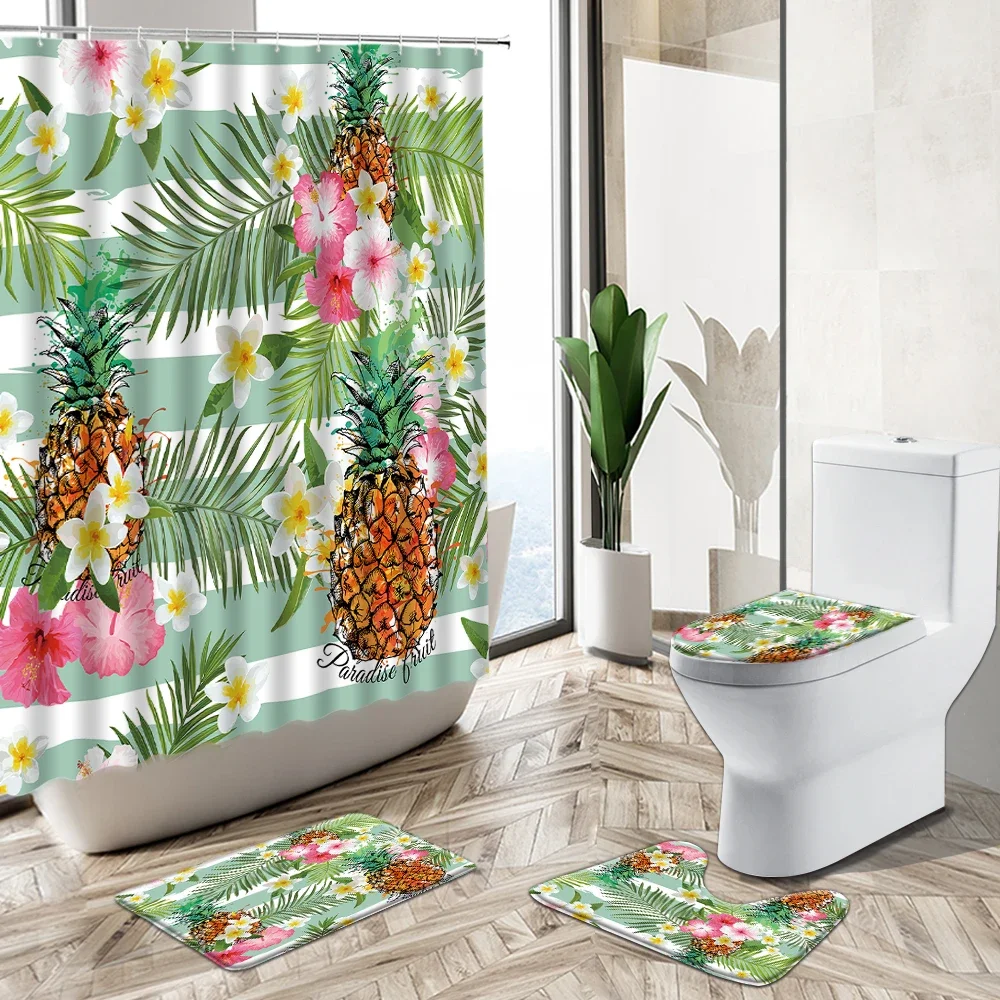 Pineapple Summer Fruit Shower Curtain Tropical Plant Flower Creative Stripe Non-Slip Pedestal Rug Toilet Cover Bathroom Deco Set