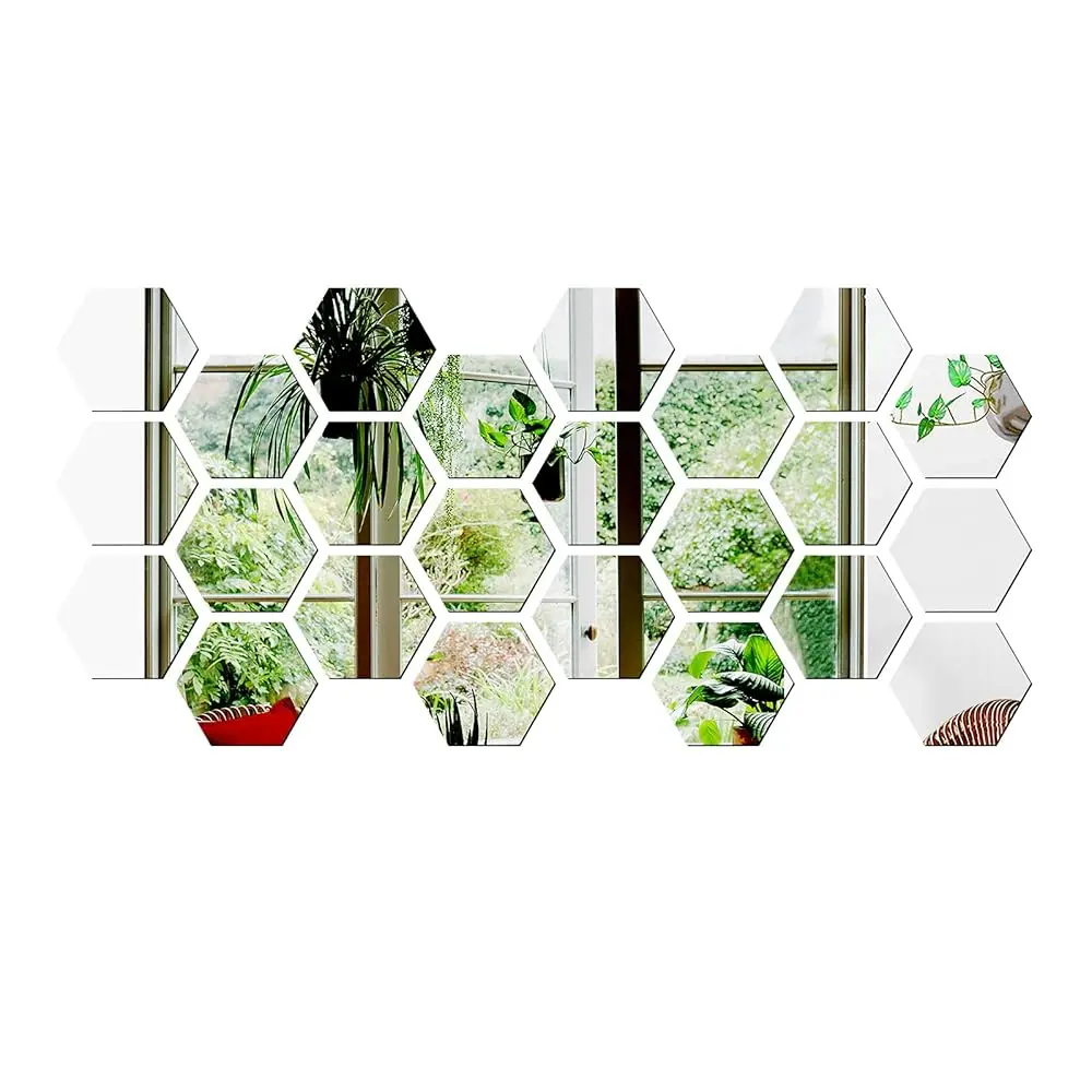 

3.4''X4''X2'' Hexagon Mirror Wall Sticker, 24 Pieces Acrylic Mirror Self Adhesive Mirror Tiles, Aesthetic Wall Decor For