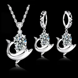 Fashion Austrian Crystal Jewelry Set 925 Sterling Silver Color Sweet Dolphin Pendant Necklace Loop Earrings Sets for Women