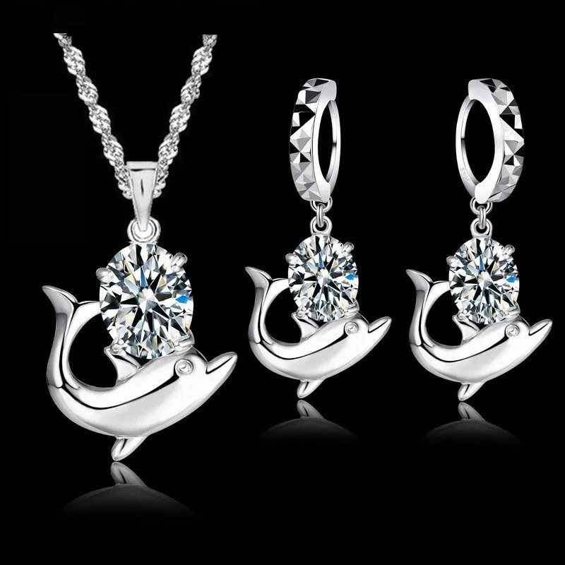 Moda austriacki zestaw biżuterii kryształowej 925 Sterling Silver słodki wisiorek w kształcie delfina naszyjnik kolczyki koła zestawy dla kobiet