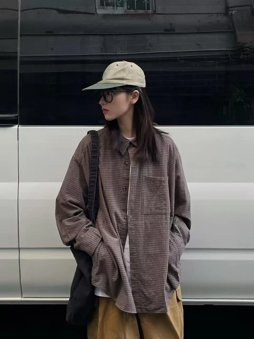 

NUOMICI, популярная корейская одежда, коричневая полосатая клетчатая рубашка с длинными рукавами, женский топ, осенняя свободная повседневная женская тонкая куртка