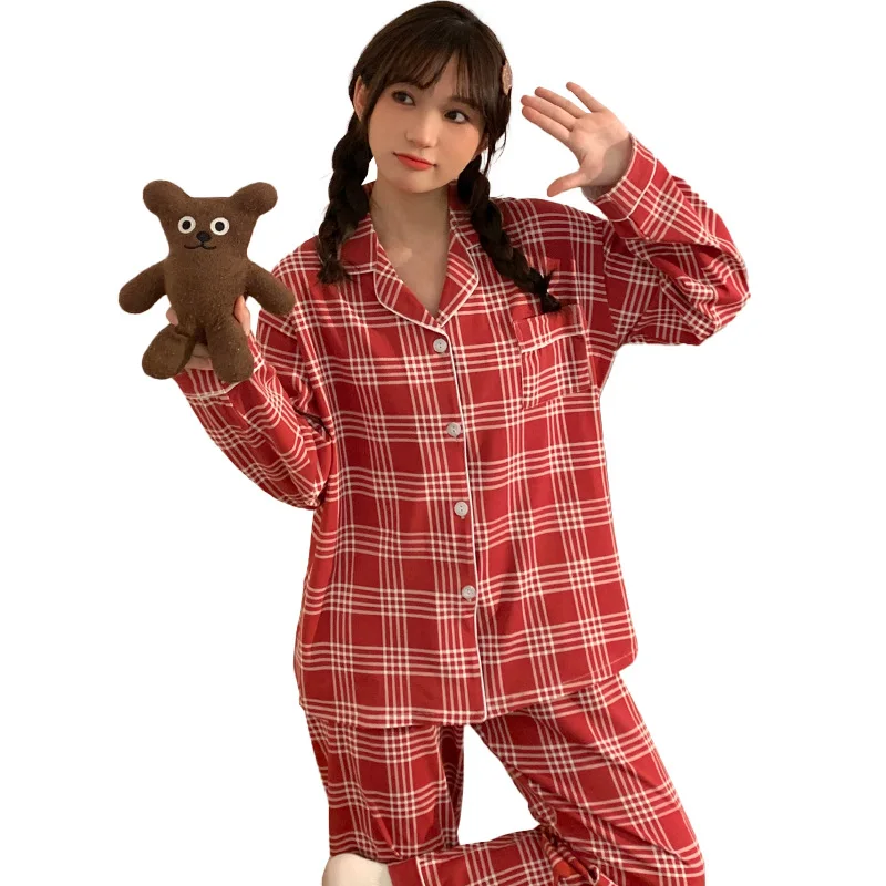 Red New Retro Red Plaid Cardigan Long Pants, Pajama Set, Spring Japanese Loungewear Youth Girls Lapel Sleepwear Student\'s Pj Set