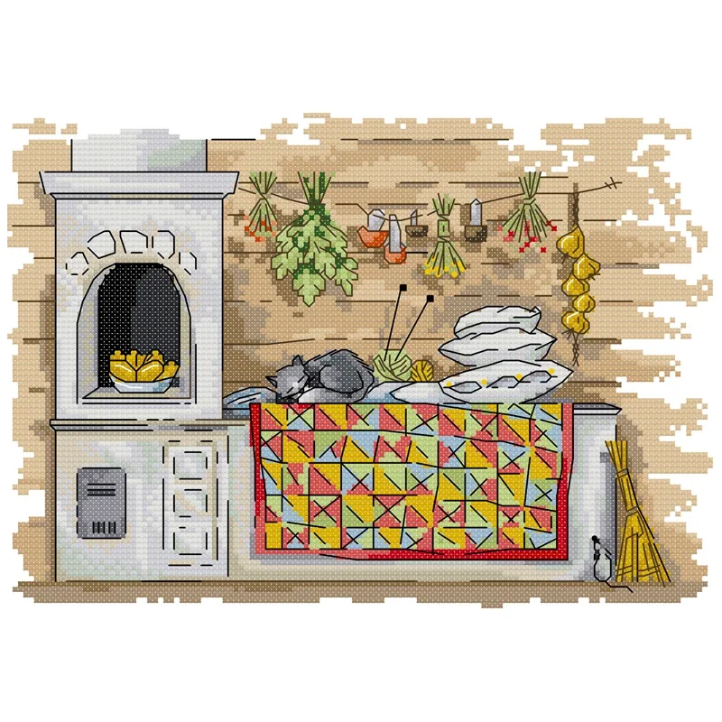 Joy Sunday Cross Stitch Stove Sleeping Cat 14CT Print Fabric Flowers Stamped Cross Stitch Craft Kit Embroidery Needlework Sets