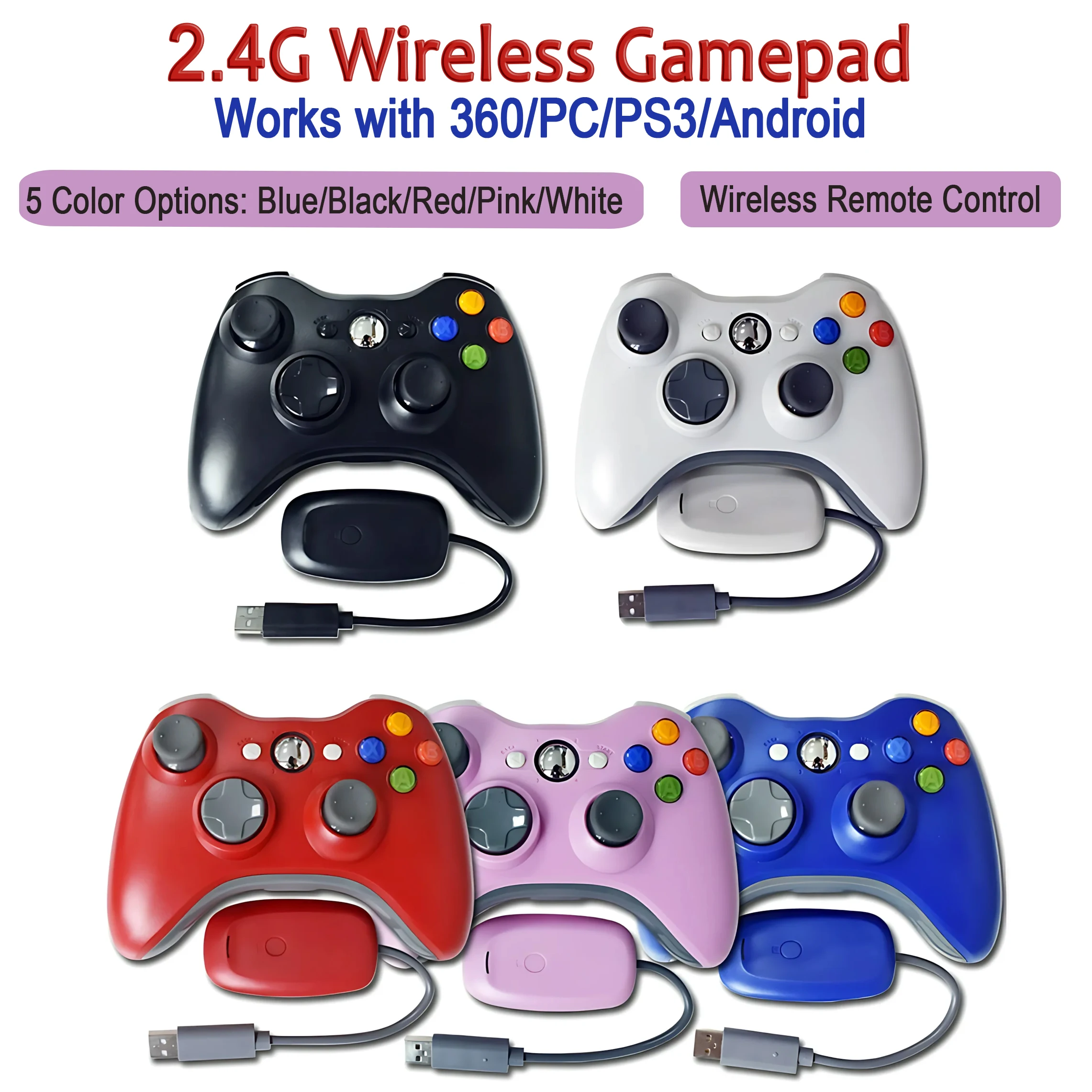 2.4G Wireless Gamepad for Xbox 360,  Blue/ Black/ Red/ Pink/ White Remote Controller for Xbox 360/ PC/ PS3/ Andoird