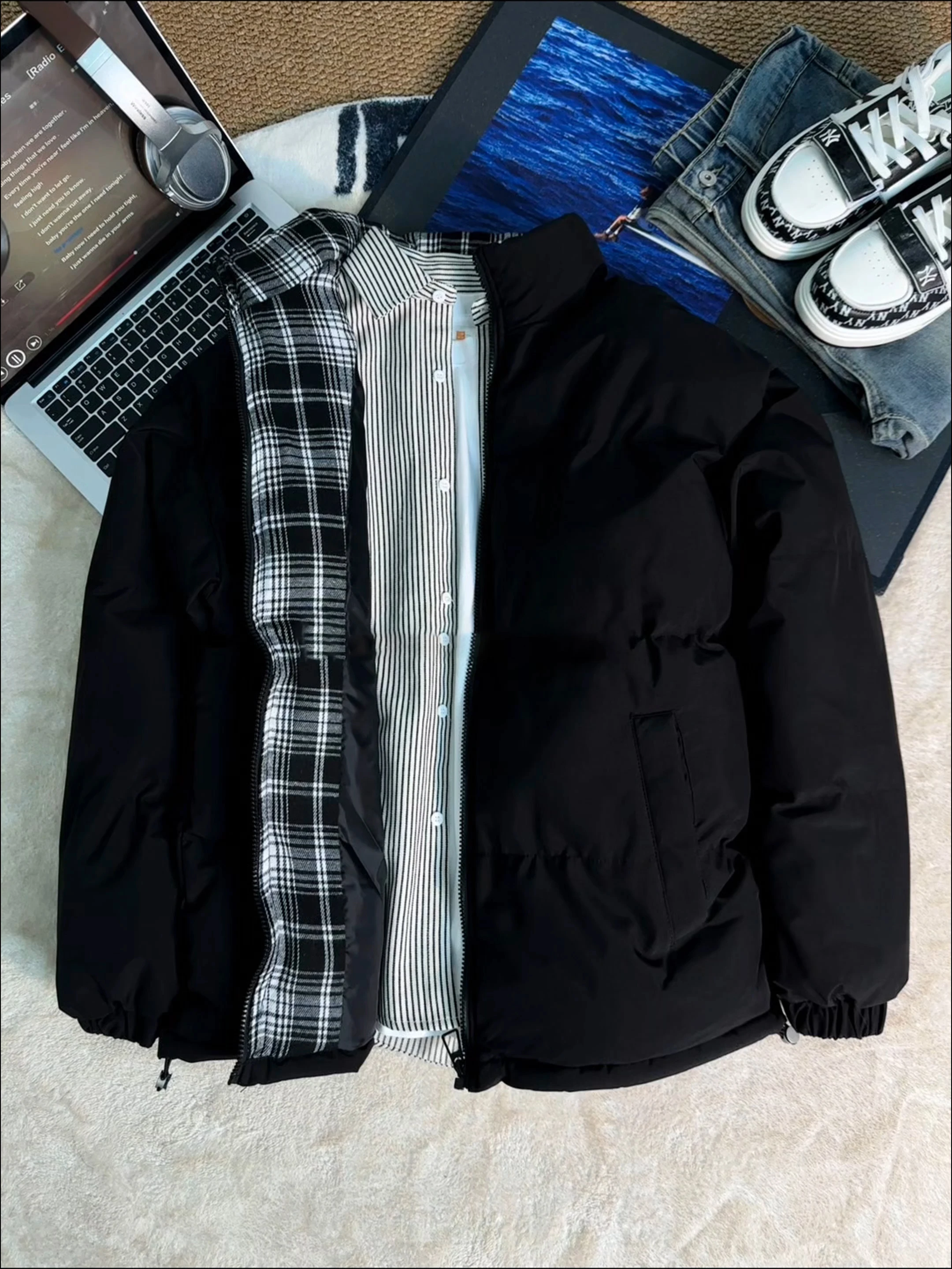 

Мужская зимняя куртка-пуховик Bla Plaid из хлопка с вставками, в стиле колледж, рабочая одежда, с воротником-стойкой, в стиле пэчворк