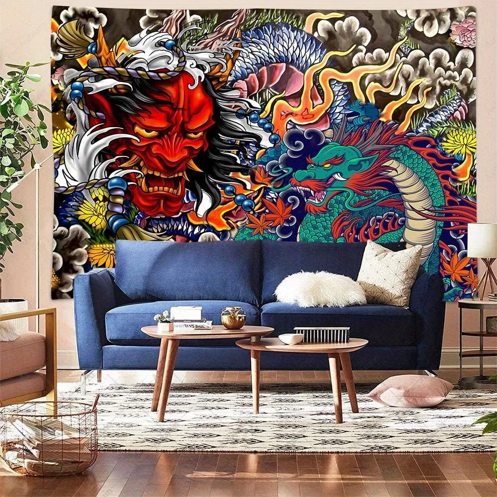 VIKAMA japanischer Stil Hannya grüner Drache Wandteppich Maske bestickt Drache Skala Themenraum Anime Gaming Room Decor