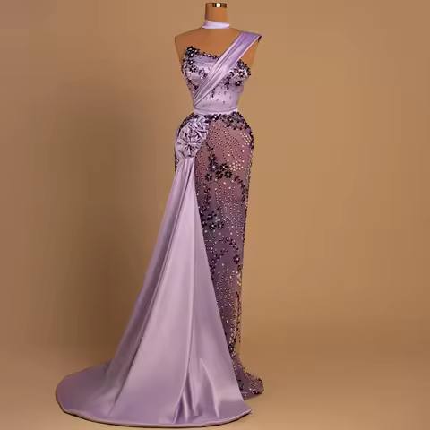 Purple Illusion Mermaid Prom Dress Side-Train Formal Evening Dress Sleeveless High Neck Crystal Beads Celebrity Dress Customized
