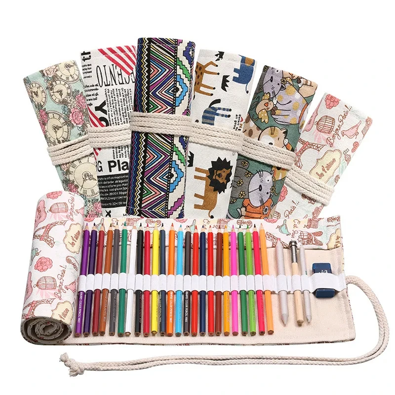 Canvas Roll Up Pencil Case, Suprimentos para estudantes escolares, Brush Pen Bag, Cute Cases, Papelaria, 12 Buracos