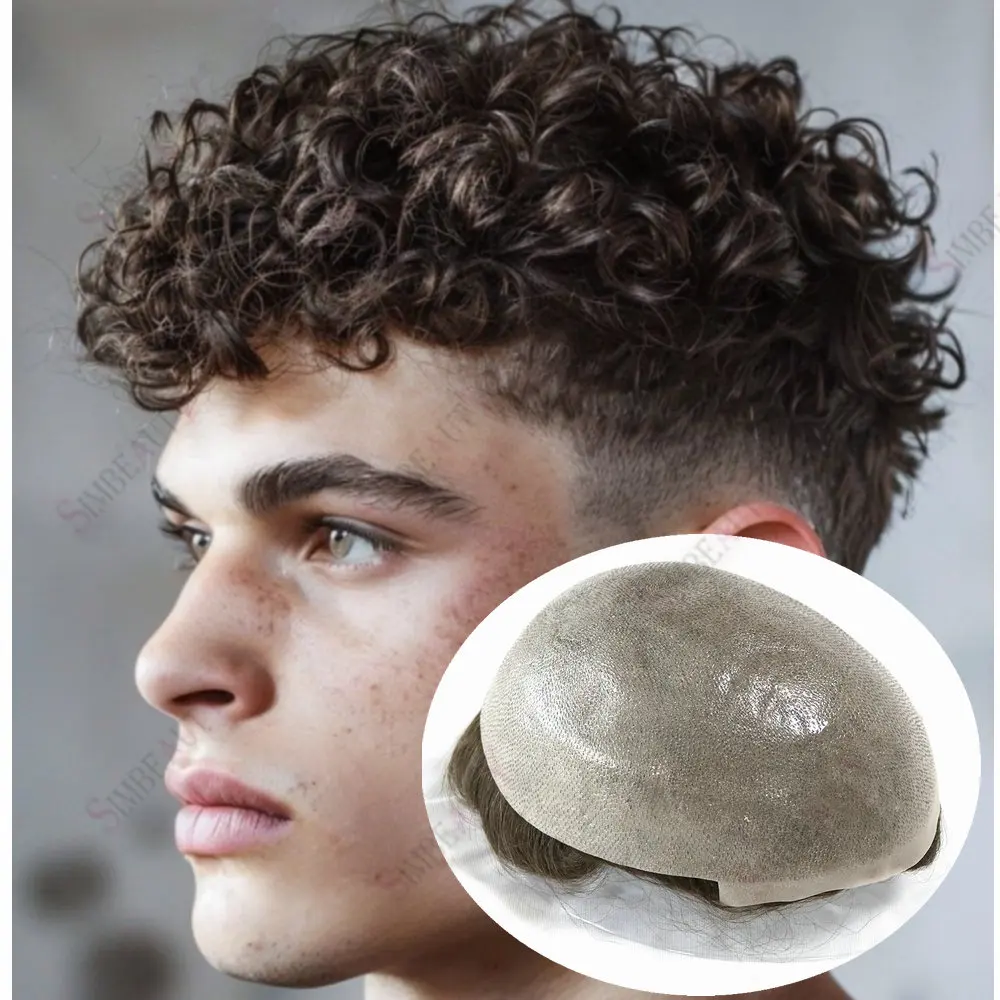 18 مللي متر مجعد 0.06 مللي متر مايكرو الجلد مان الباروكات غير مكتشف شعري الشعرية الاصطناعية نظام براون رمادي شعر الإنسان Vloop الرجال الشعر المستعار #1