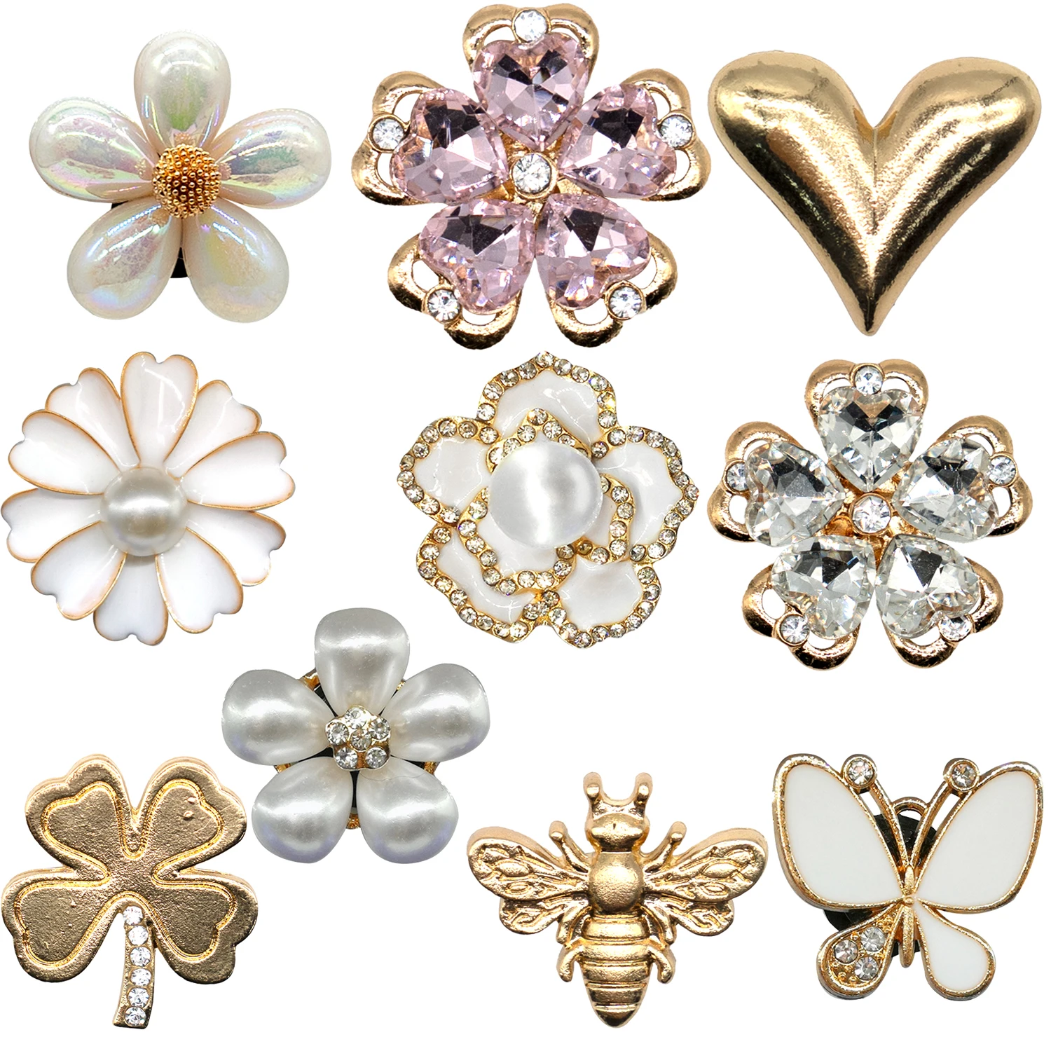 1/10pcs Designer White Butterfly Flower Metal Shoe Charms Four Leaf Clover Luxury Decorations Golden Heart Shoe Accessorie