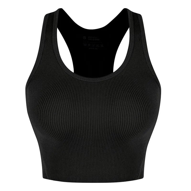 Basic Crop Tops Racerback Yoga Vest Vrouwen Gym Naadloze Rib Gebreide Tanktops Vrouwelijke Bh Zonder Beha