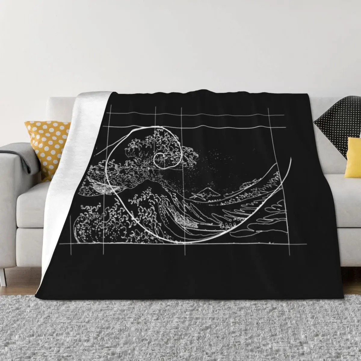 

Hokusai Meets Fibonacci, Golden Ratio, White Line Throw Blanket Sofa Comforter Soft Big wednesday Blankets