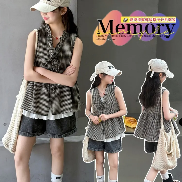 Girls' summer new casual set with plaid lace sleeveless vest, white T jeans, children's three piece set
