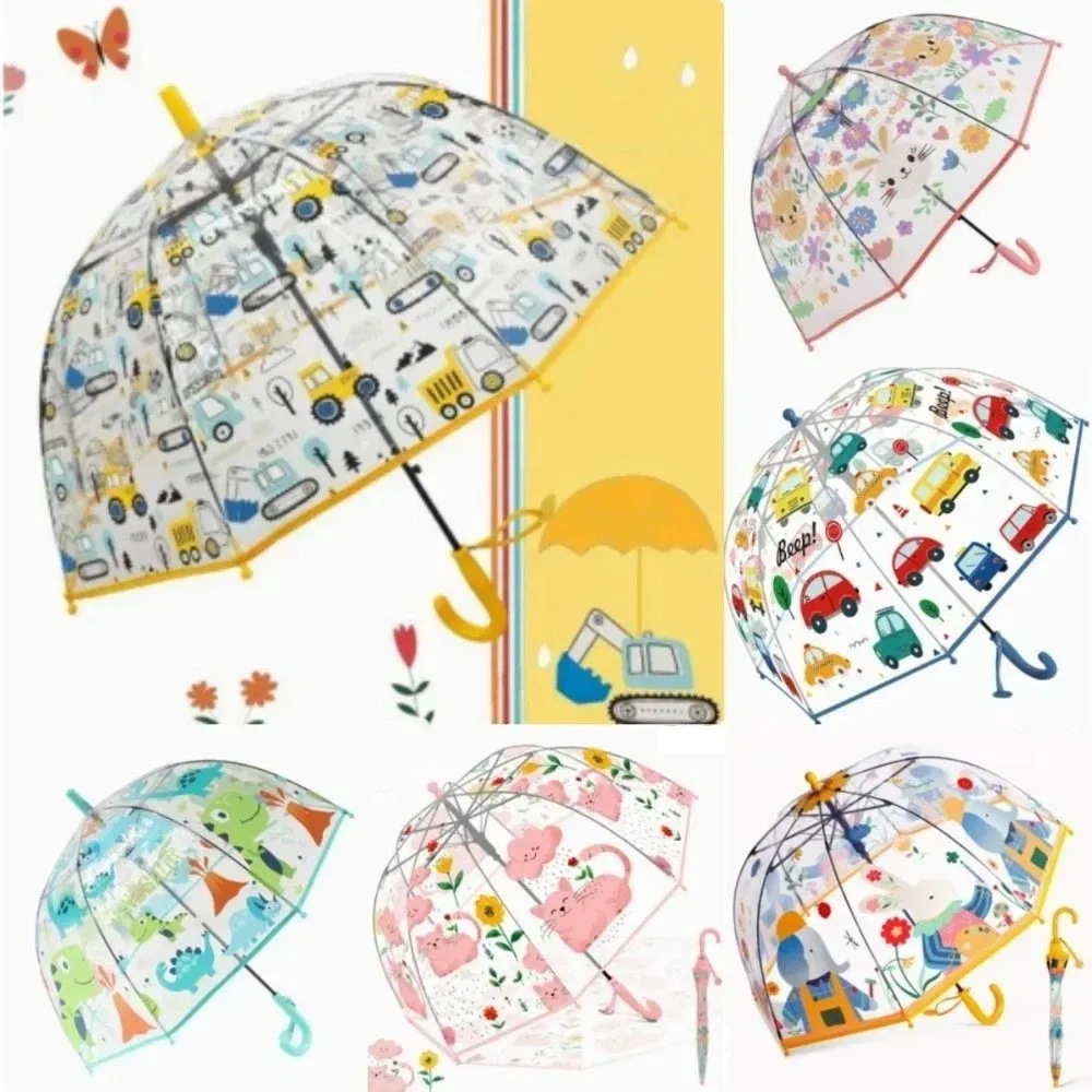 Ombrello a Cupola Trasparente Colorato con Animali Cartoon, Impugnatura Antiscivolo, Ombrello per Bambini con Gancio Facile da Afferrare, Ombrello a B