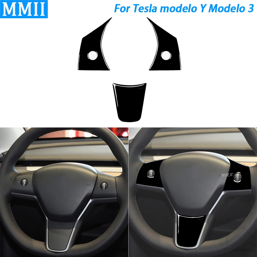 

For Tesla Model Y 2020+ Model 3 17-22 Piano Black Steering Wheel Panel Cover Trim Car Interior Retrofitting Accessories Sticker