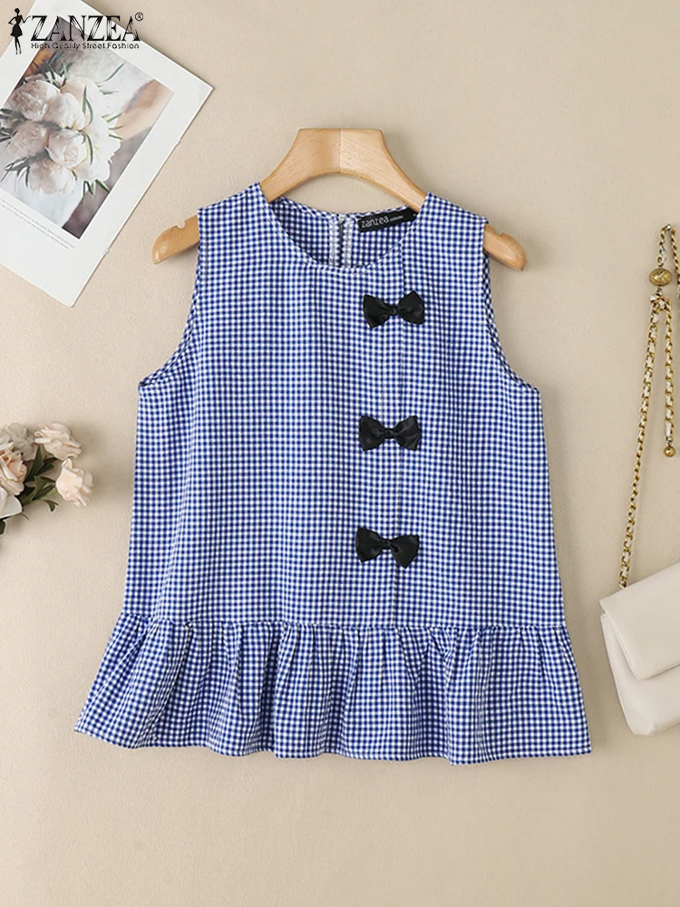 

2025 ZANZEA Summer Blouse Fashion Women Plaid Checked Tanks Tops O Neck Sleeveless Beach Shirt Bows Camis Vintage Holiday Tees