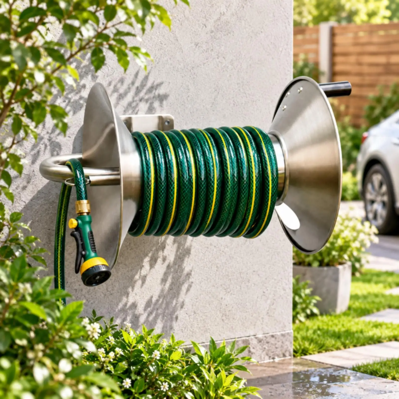 Heavy Duty Steel Hose Storage Reel with Mounting Bracket for Outdoor Household Water Hose Management