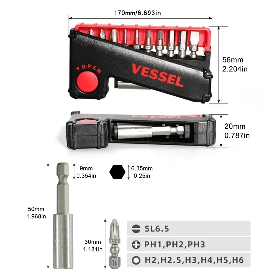 Genuine VESSEL IB11 Screwdriver Bits Set 11Pcs Impact Ball With Slide Case Screwdriver Replacement Bits Hand Tools Torx Screwdri