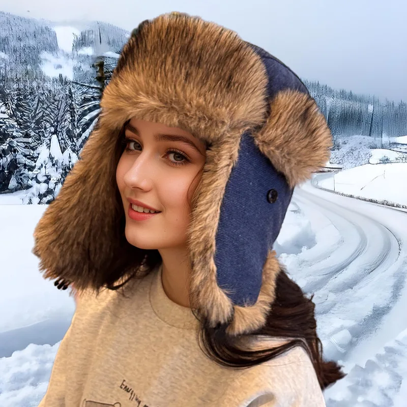 

Thermal Quilted Earflap Hat with Faux Fur Windproof Winter Ushanka for Skiing Outdoor Snow Unisex Men Women