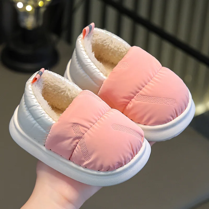 Children\'s Winter Waterproof Cotton Slippers Fashion Toddler Boys Girls Slippers Non-Slip Heel Wrap Warm Plush High Home Shoes