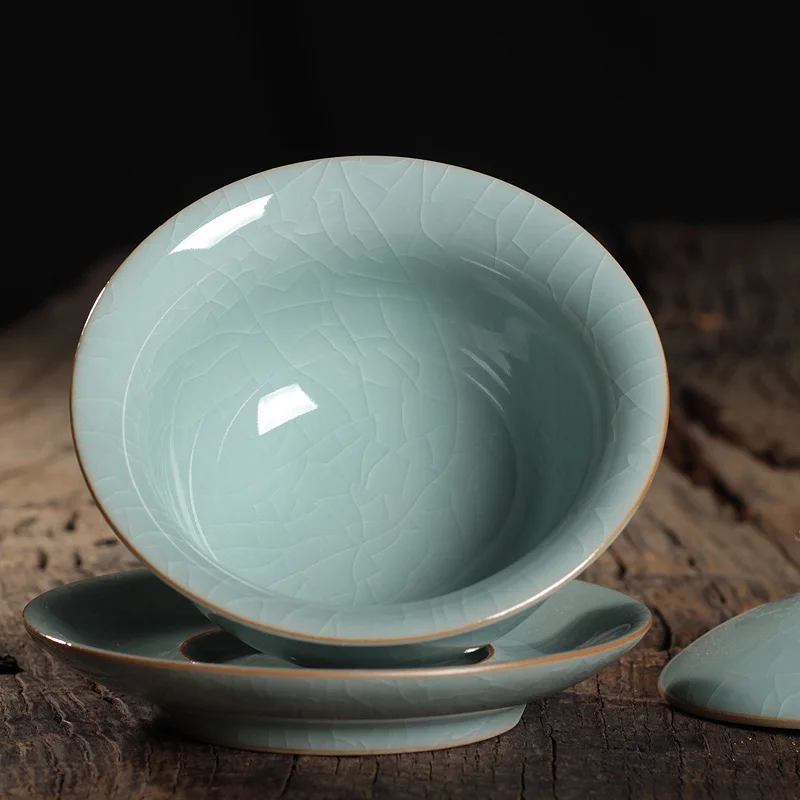 |Boutique Celadon Tureen Ge Kiln Ice Crack Handmade Three Pieces Tea Making Bowl Cup Ceramic Large Tea Ceremony Bowl Kung Fu Tea