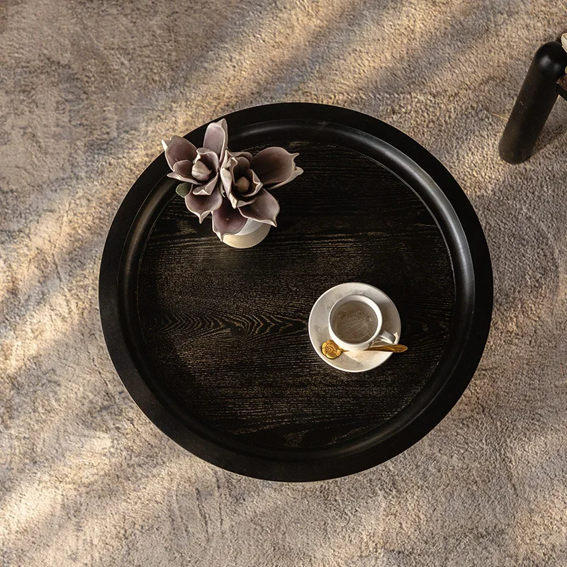 Black Vintage Wood round Coffee Table Retro Small Tea Table for Living Room Sofa Side Balcony