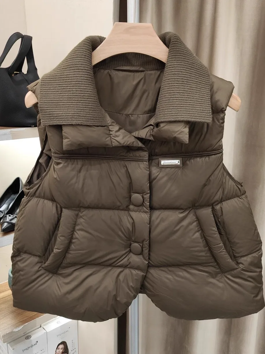 

Loose Large Size Autumn Winter Korean Style down Jacket Vest Knitted Collar Splice Women's Fashion Outerwear Sleeveless Coat