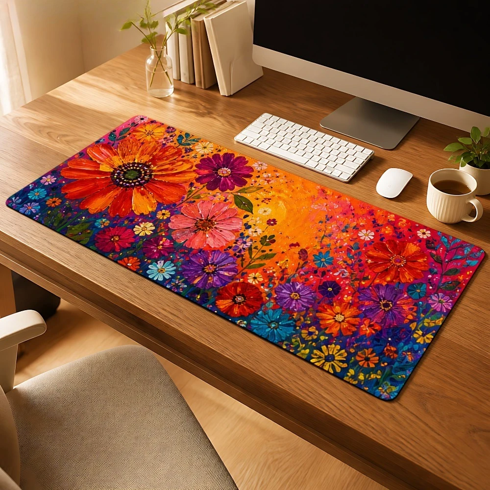 Orange and purple wildflower pattern mouse pad, anti-slip, desk decoration accessory, office and study desk decoration